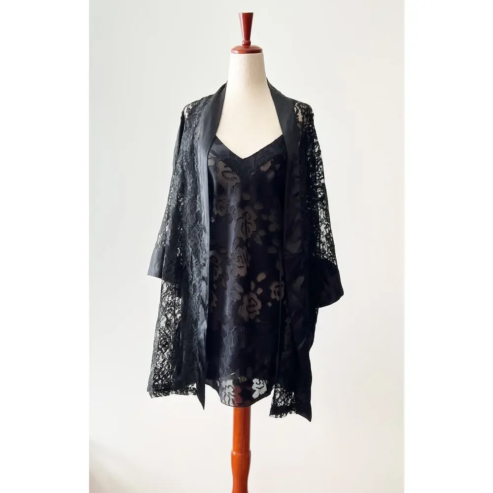 Vintage Victoria's Secret Gold Label Black Satin Lace Robe NWT